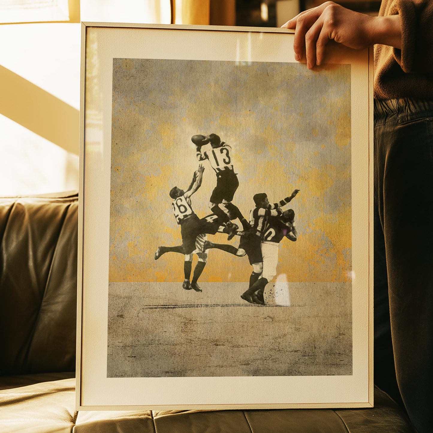 Close-up of vintage-style football artwork featuring Dick Lee — showing print texture and archival paper quality