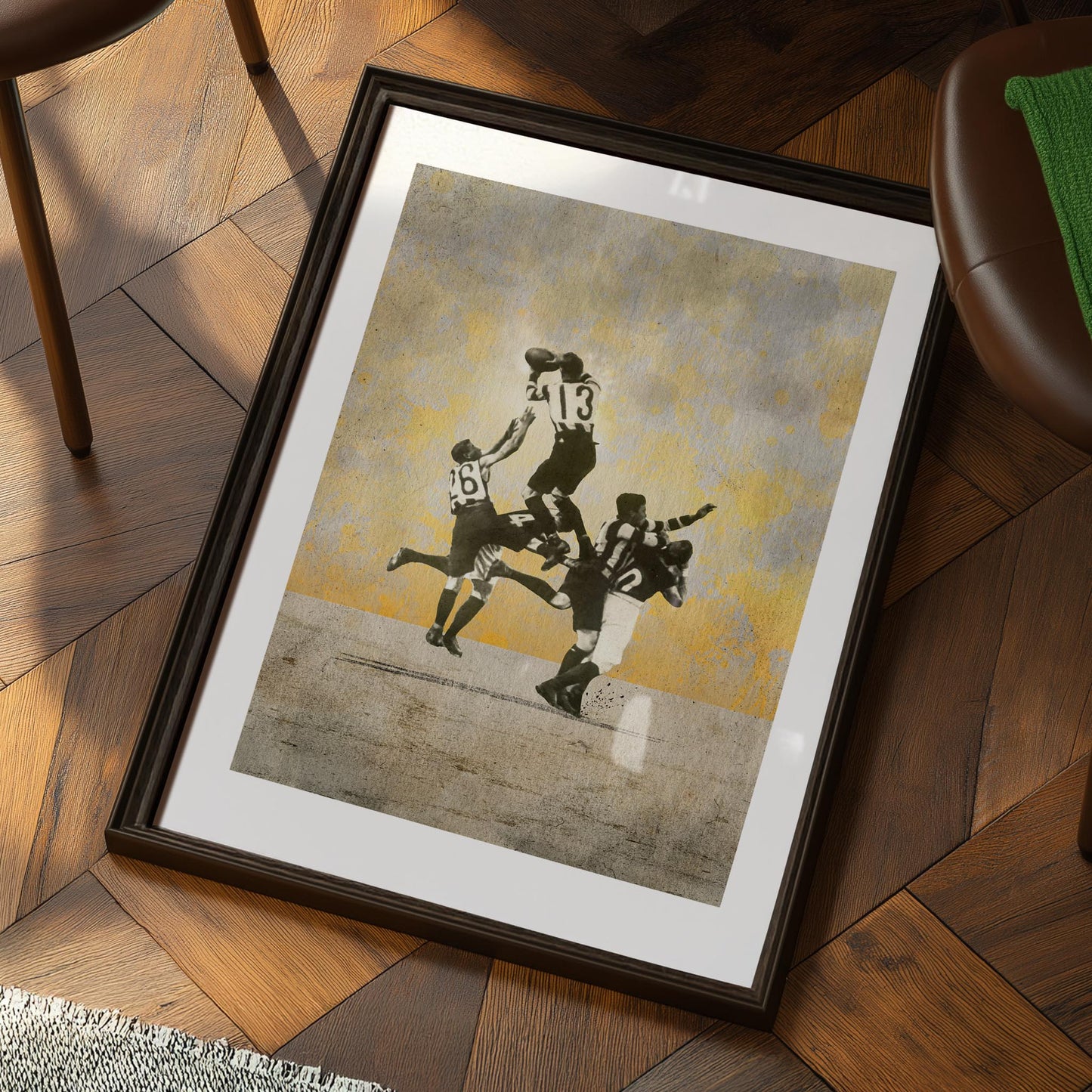 Medium framed sports print of Dick Lee’s historic leap — perfect for man cave feature walls or football-themed interiors