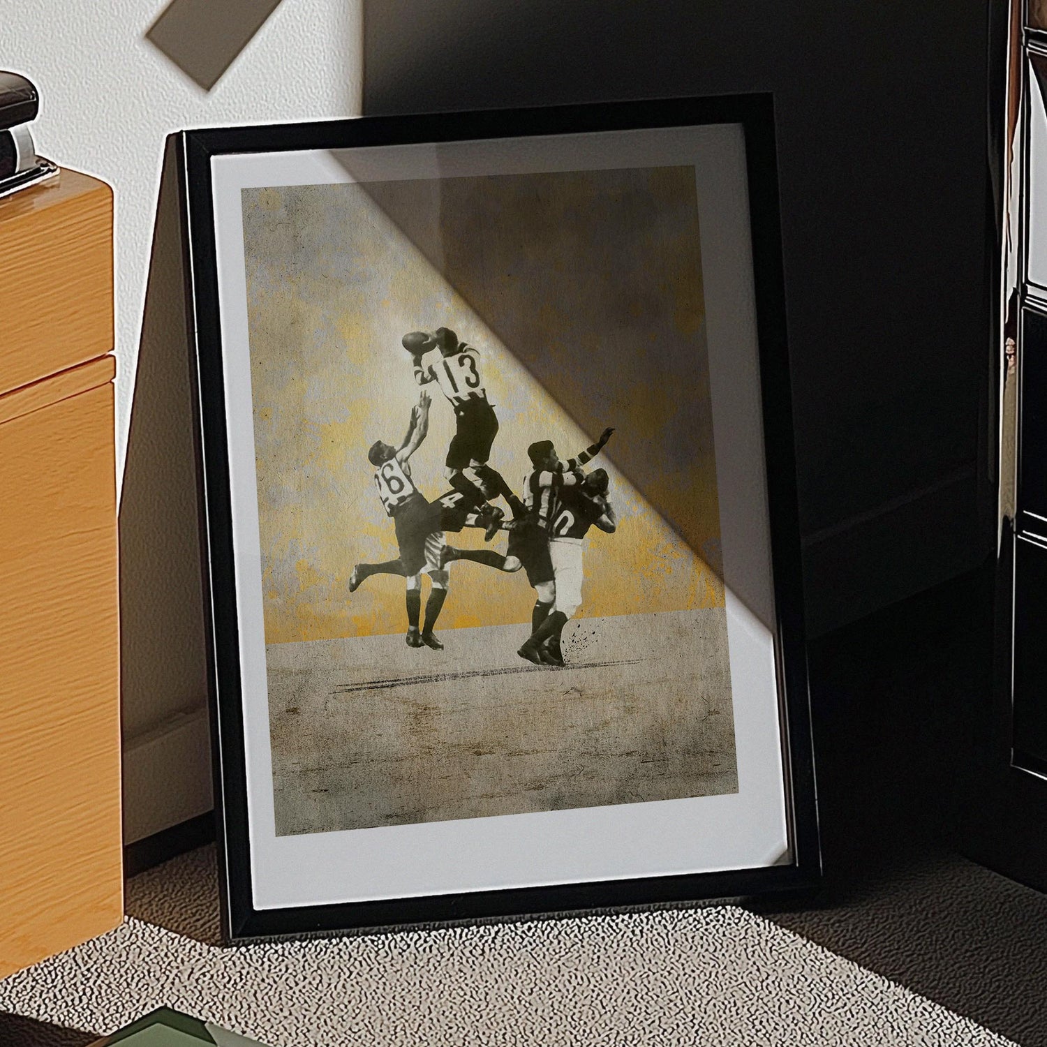 Collingwood man cave with framed Dick Lee print — sporting legend meets masculine wall art styling