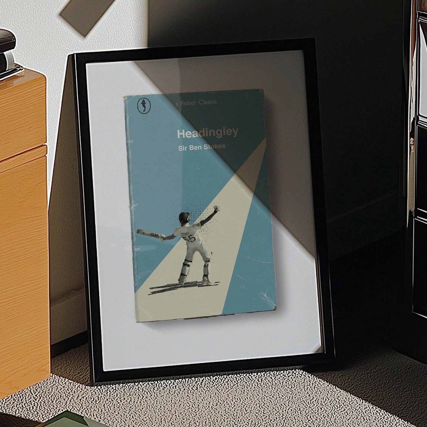 Ben Stokes cricket print styled inside a cool man cave space