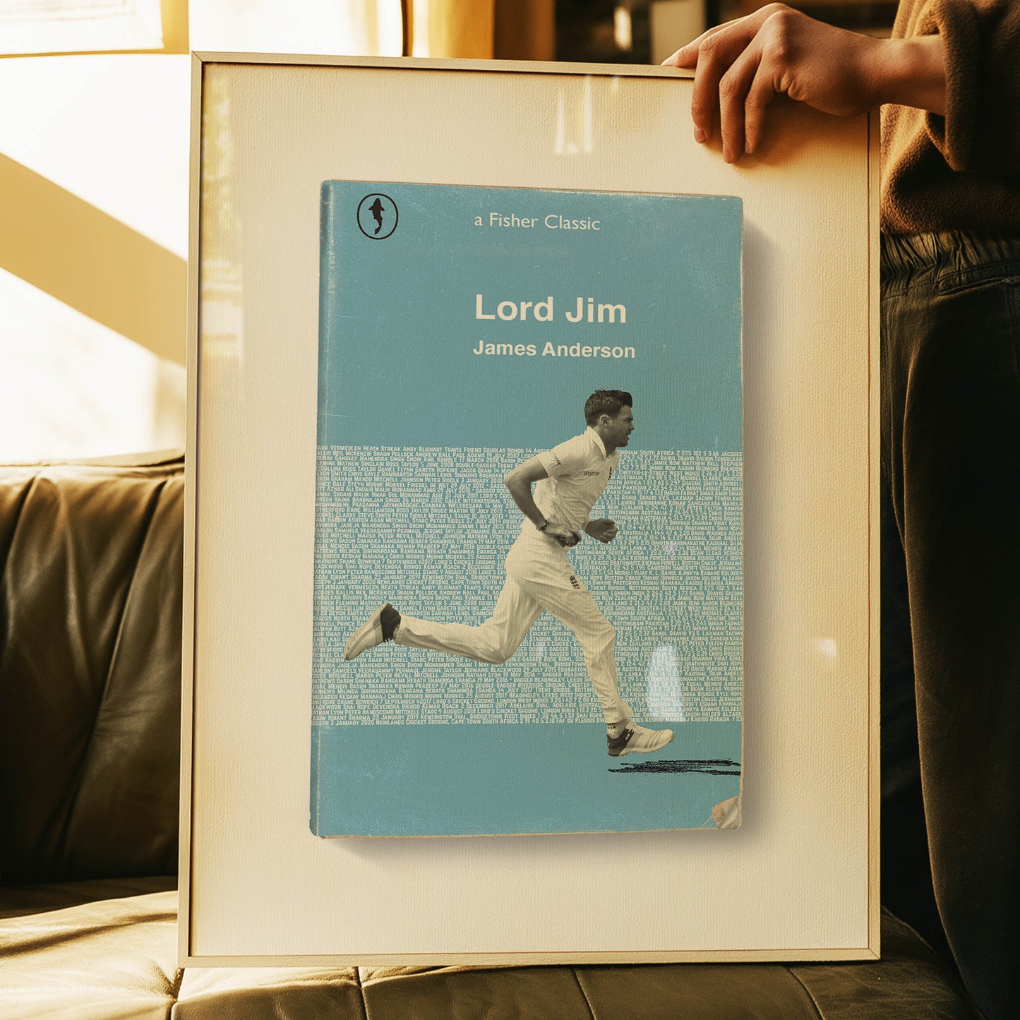 Close-up of vintage-style James Anderson artwork ‚ handcrafted sports print