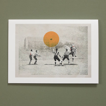At the Contest footy greeting card by Fisher Classics featuring Australian rules football artwork.