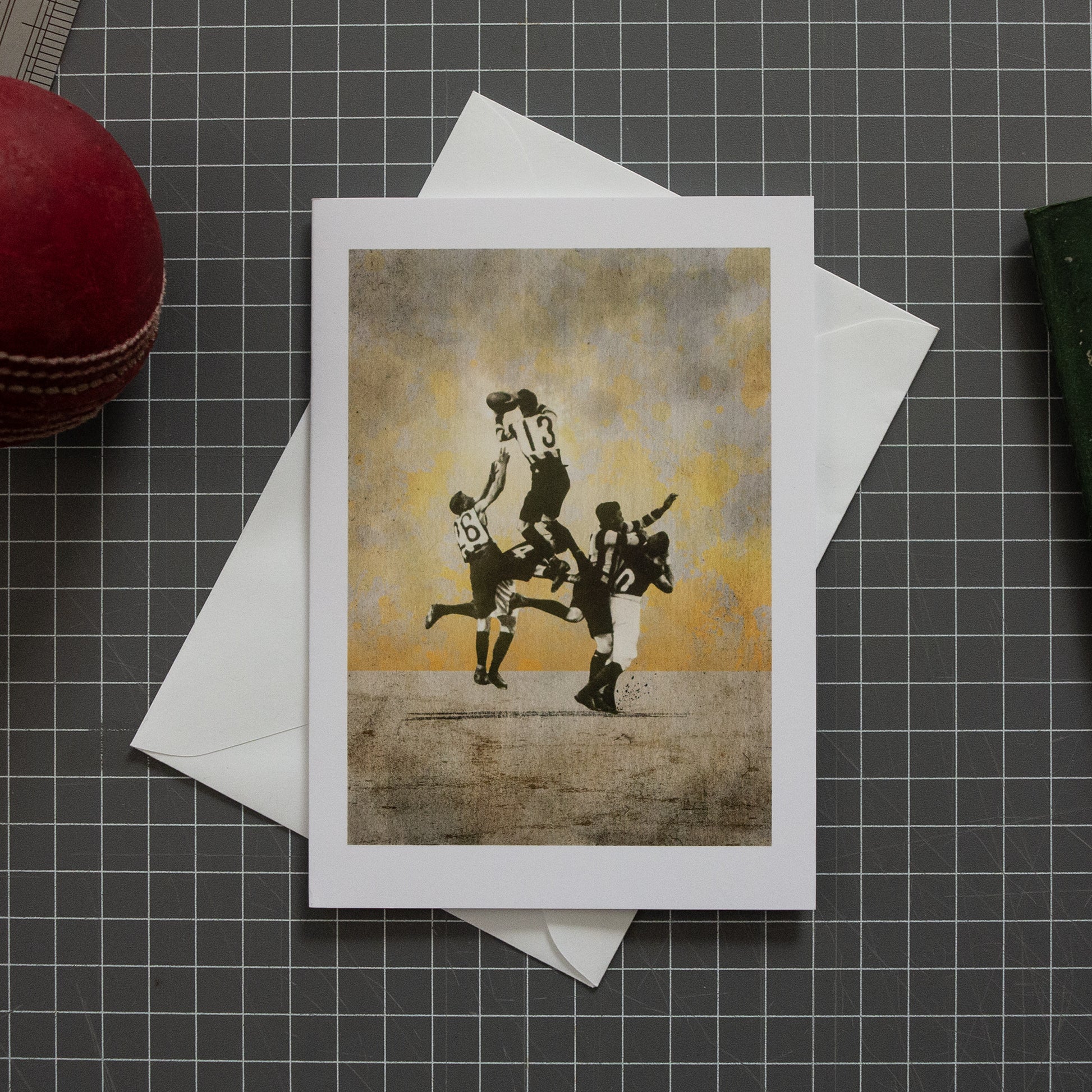 The Leap at Victoria Park football greeting card with envelope by Fisher Classics.